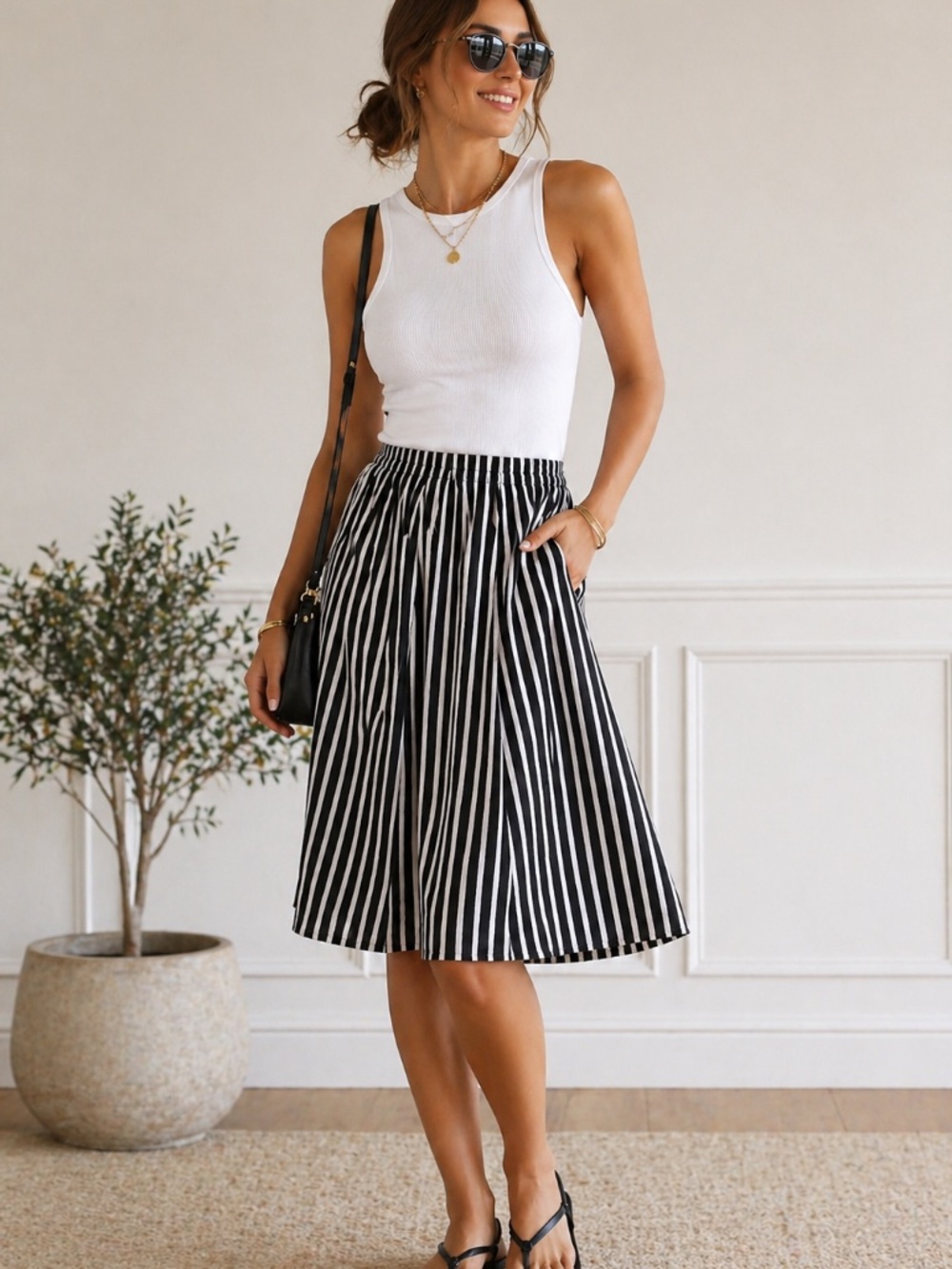 J.Crew Mercantile Black & White Striped Midi Skirt | Elastic Waist | Classic Min - Picture 1 of 4